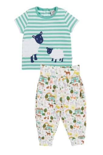 Frugi Frankie Summer Outfit - Farm Life/Moss Stripe