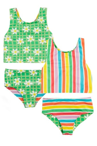 Frugi Tegan Reversible Tankini - Summer Stripe/Green Daisy