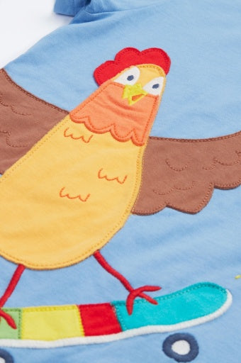 Frugi Avery Applique T-Shirt - Cornflower/Chicken