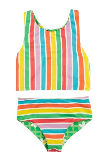 Frugi Tegan Reversible Tankini - Summer Stripe/Green Daisy