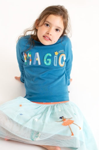 Frugi Bethany Applique Top - Deep Water/Magic