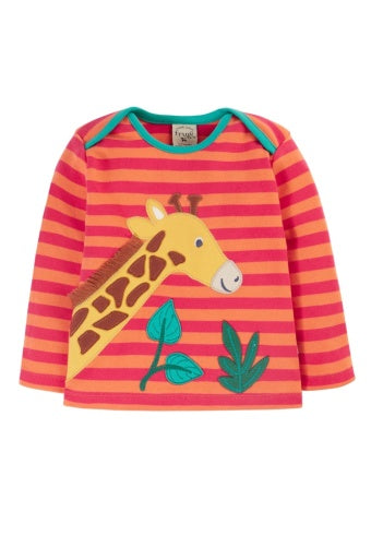 Frugi Bobby Applique Top - Cantaloupe Stripe/Giraffe