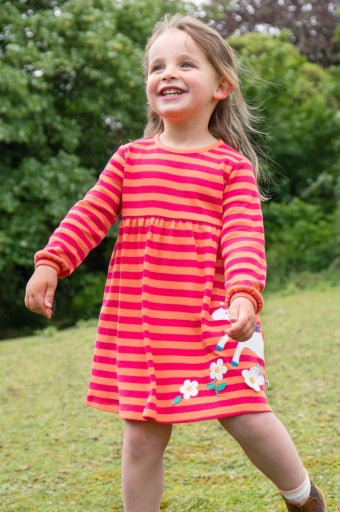 Frugi Dolcie Dress - Cantaloupe Stripe/Horse