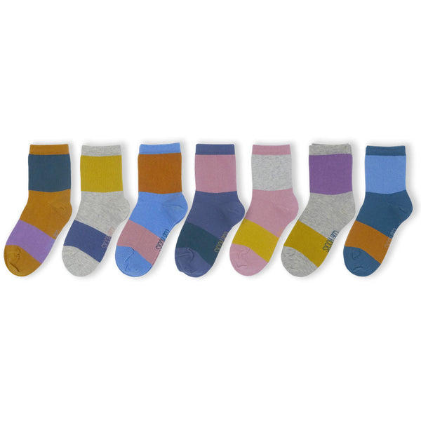 7 Pack Colour Block Kids Sustainable Cotton Fashion Ankle Socks for Girls and Boys