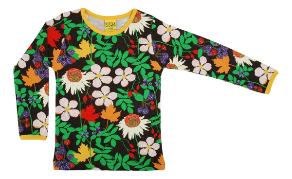 Duns Sweden Long Sleeve Top in Autumn Flowers print with a brown background