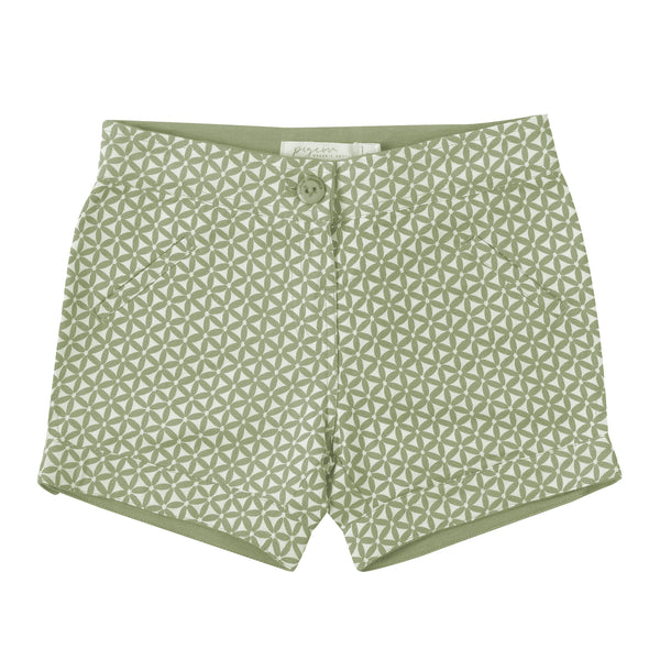 Pigeon Girl shorts (AOP), block print - tea green