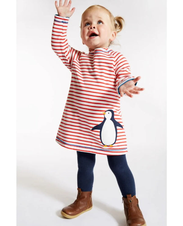 Frugi Posie Peek a Boo Dress - Blue Penguin Play/Red Stripe