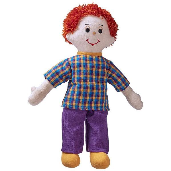 Lanka kade dad doll with red hair, white skin and a bright hand woven outfit