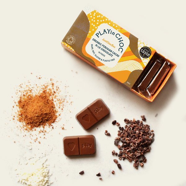 JustChoc Box Organic Peruvian Cacao M•lk Chocolates 100g
