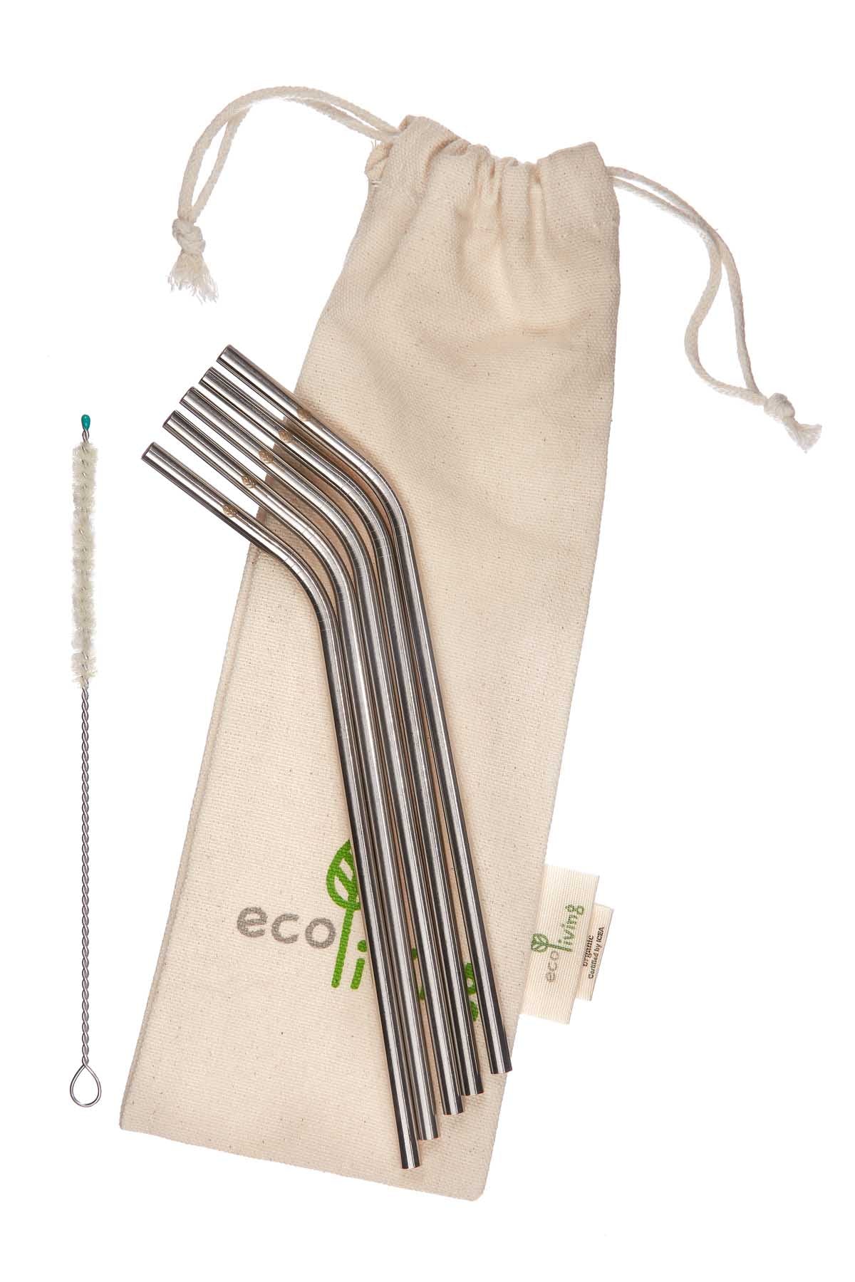 Eco Living Pack of 5 Stainless Steel Drinking Straws & Brush