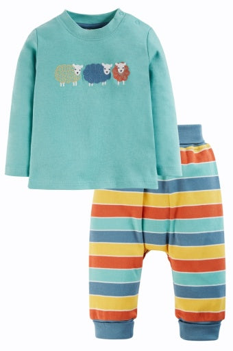 Frugi Little Parsnip Outfit - Moss Rainbow Stripe/Sheep
