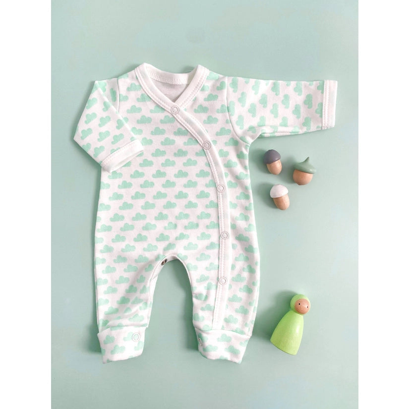 Tiny and Small Organic Cotton Preemie Sleepsuit - Mint Clouds